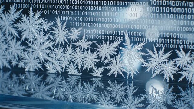 Snowflakes gently falling on a digital landscape with binary code in the background, viewed from a serene and peaceful perspective