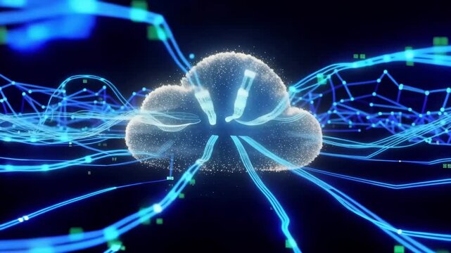 Cloud computing data storage network technology flowing with glowing lines for modern digital infrastructure banner.