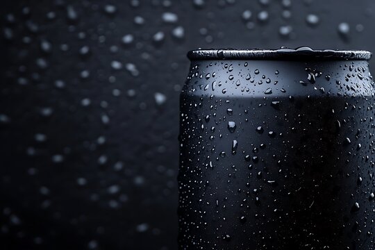 A black can with water droplets on it in a dark background with falling rain