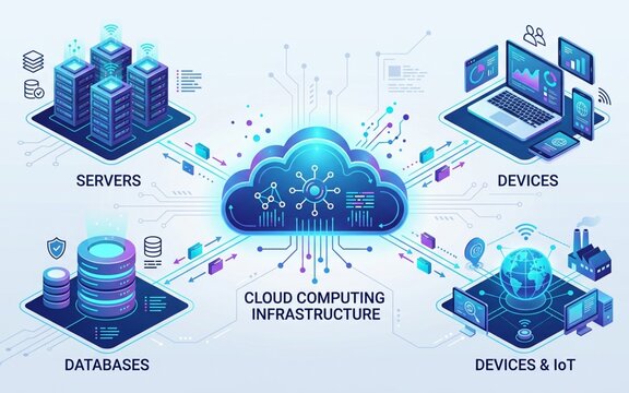 Cloud Computing Infrastructure Concept with Servers, Databases, Devices, and IoT Networks