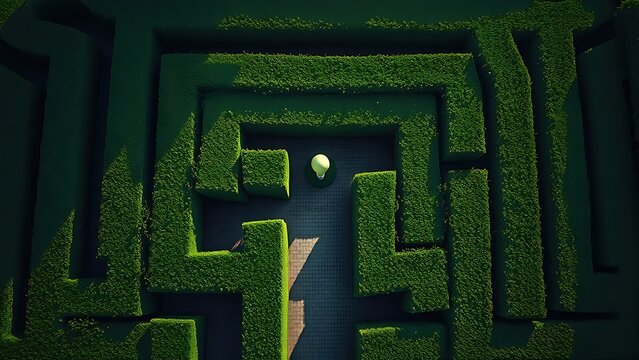 stammer. Aerial view of a hedge maze shaped like a question mark with a light symbol at its end. travel magazines, destination branding, designed for outdoor magazines and nature guides.
