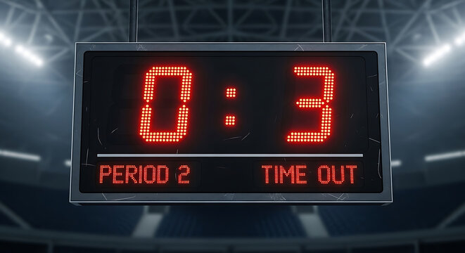 red led digital scoreboard showing 03 score period 2 and time out during a sports event in a dark arena.