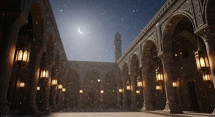 Fototapeta premium ornate islamic mosque courtyard at night illuminated by traditional lanterns under a starry sky with a crescent moon evoking spiritual ramadan peace.