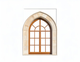 Obraz premium Arched wooden paneled window framed by stone on white background