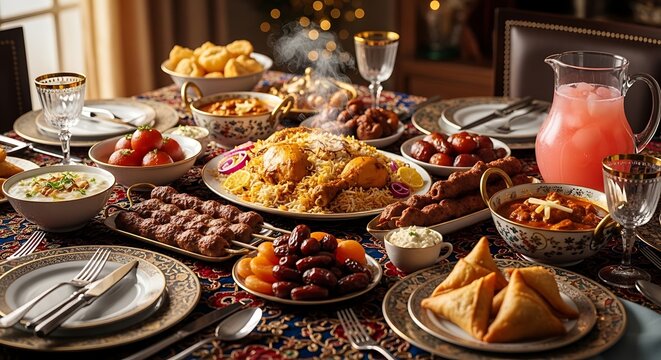 traditional ramadan iftar dinner with a lavish spread of middle eastern and indian cuisine on a festive table.