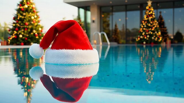 Santa hat floating in pool with Christmas trees