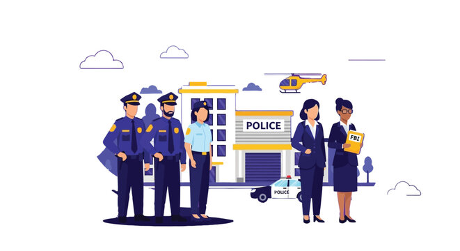 Law enforcement officers and federal agents standing united outside a modern police station building