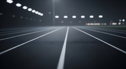Fototapeta premium Empty night racing track with bright overhead lights for high speed performance and automotive technology background