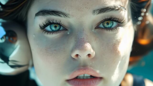 Young woman diver exploring a vibrant sea bottom filled with marine life and colorful coral reefs during a bright sunny day