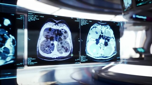Three digital scans reveal human brain cross sections on display in a tech-filled space