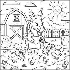 Bold and Easy Donkey Animal Coloring Page - Cozy Moment Farm Animal Line Art Vector for Adults and Kids © Rs