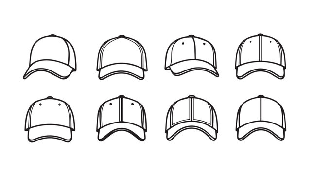 Collection of Baseball Cap Icons Outline Vector Illustration. Headwear Designs