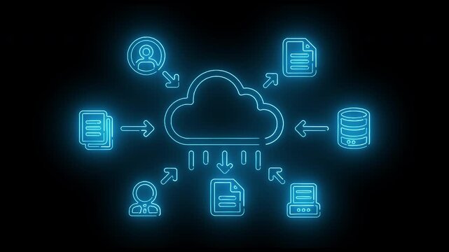 Neon-lit cloud computing concept with glowing blue icons and arrows on a black background.
