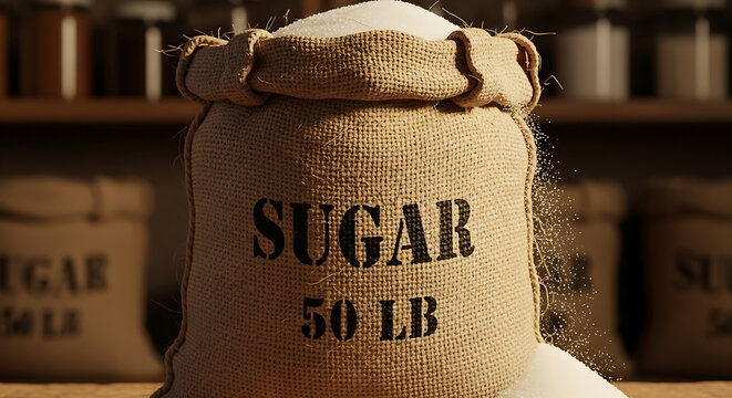 close-up of a 50 lb burlap sack of sugar overflowing and spilling white crystals representing bulk food commodity.