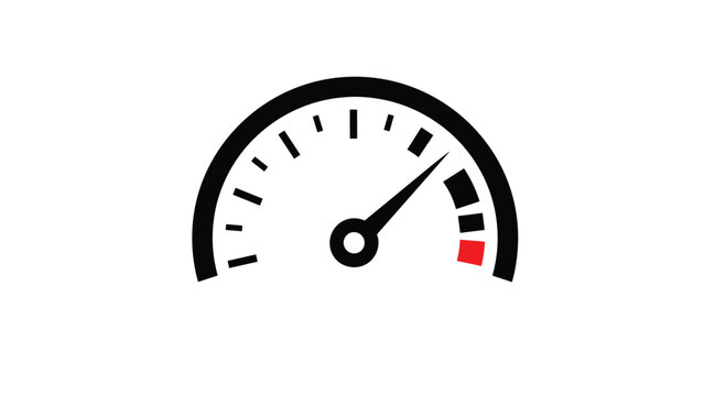 Linear design icon of a speedometer with the needle in the red zone, indicating maximum performance, high risk, critical level, or peak operational capacity.