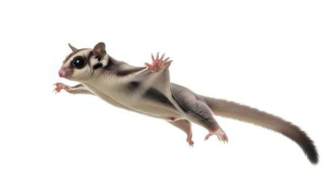 A sugar glider in mid-air, with its membranes extended for gliding, captured against a white background, showcasing its unique flying ability