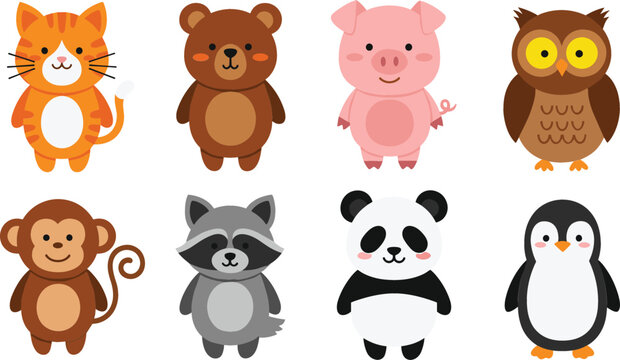 Cute Cartoon Animals Vector Set with Cat, Bear, Pig, Owl, Monkey, Raccoon, Panda and Penguin Adorable Characters