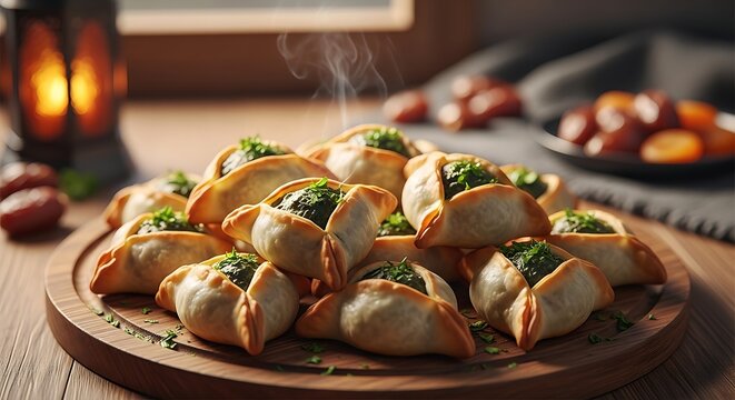 steaming hot spinach fatayer pastries arranged on a wooden platter with a warm traditional lantern and dates for iftar.