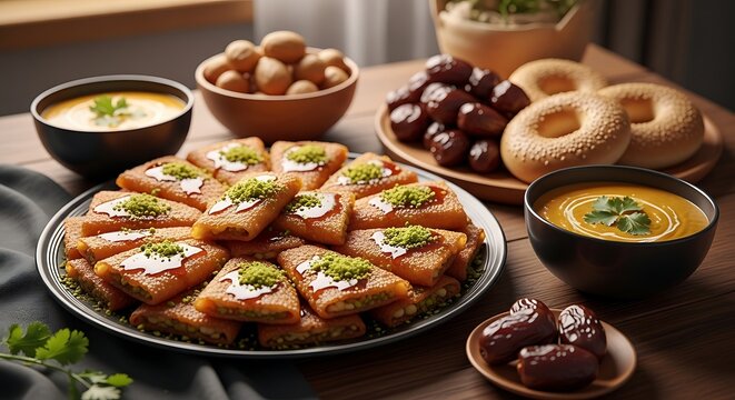 traditional ramadan iftar meal featuring qatayef creamy lentil soup fresh dates and bagels on a rustic wooden table.