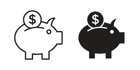 Obraz premium Piggy bank icon black, line, flat vector, isolated illustration.