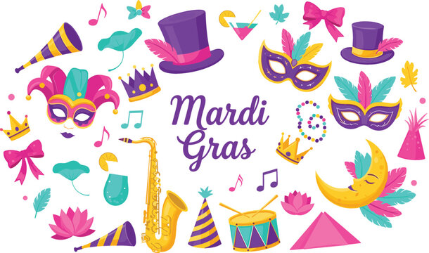 Mardi Gras Carnival Vector Set with Masks, Feathers, Saxophone, Drum, Crown and Festive Party Celebration Elements