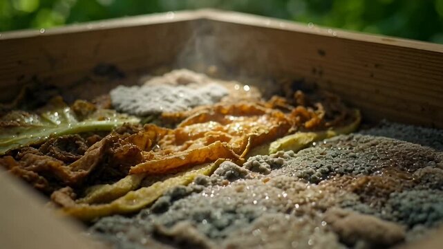 Detailed view of a wooden compost bin with decomposing vegetable scraps closeup, showing white mold and steam rising from organic waste in a garden.
