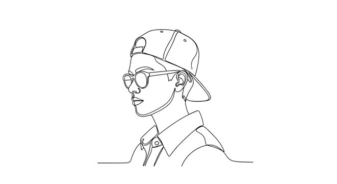 Young man in backward cap and sunglasses minimal line art
