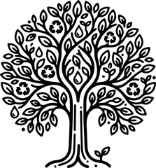 Obraz premium Sustainable eco tree line art illustration featuring recycle symbols and water drops for environmental conservation green energy and reforestation concept vector isolated on transparent