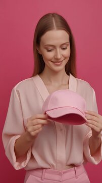 Woman holding pink bra cups.