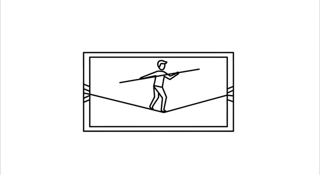 Skillful individual navigating a precarious tightrope walk in a simple line art illustration