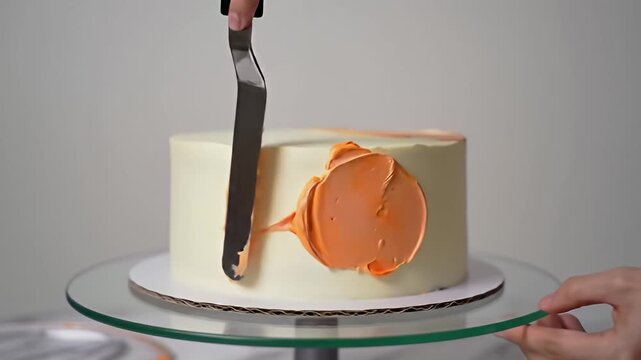 Smooth cake with ivory frosting being decorated with orange buttercream and spatula