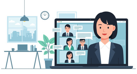 Fototapeta premium Online Meeting: Diverse Team Collaborating Remotely via Video Conference on Laptop