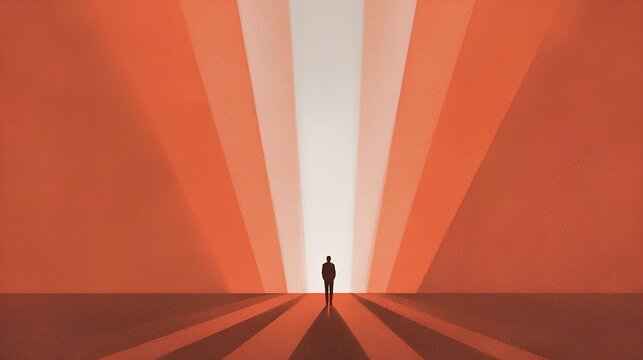 Path to Enlightenment: A lone figure stands poised at the cusp of a radiant light, symbolizing a journey toward knowledge, revelation, and the boundless horizons of enlightenment.