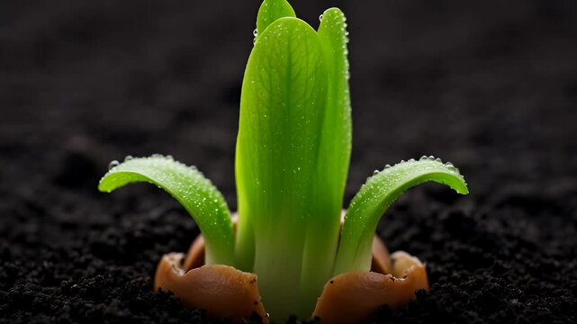 Macro time-lapse beans sprouting soil closeup showing germination as green shoots emerge from the seed with fresh dew drops.