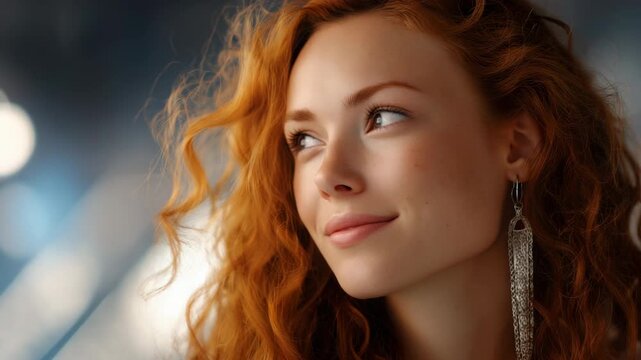 Young caucasian female with red curly hair in thoughtful pose and earrings