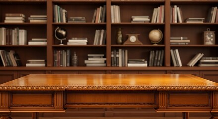 Elegant wooden desk in a classic library with bookshelves for professional office and academic education background