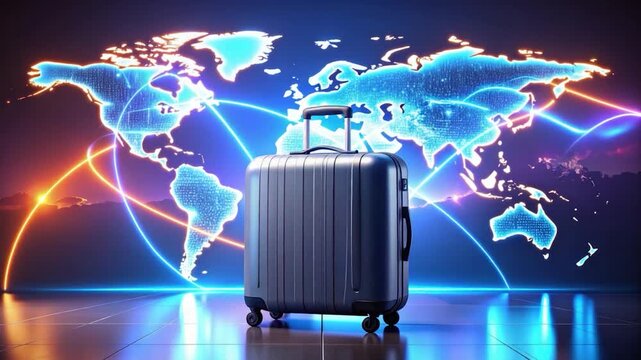 A suitcase stands before a world map outlined with glowing lines
