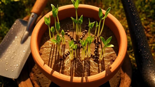 Captivating time-lapse seed germination soil macro closeup showing sunflower seeds sprouting into a smiley face pattern within a clay pot under sunlight.