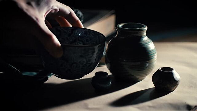 Still life of vases on table next to books and cloth under dim light conditions