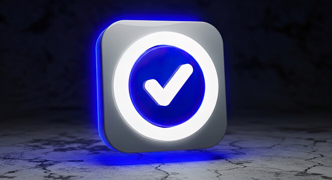 3D blue glowing checkmark icon on a silver metallic button for digital approval