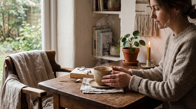 Woman holding a steaming mug of tea at a wooden table near a window
