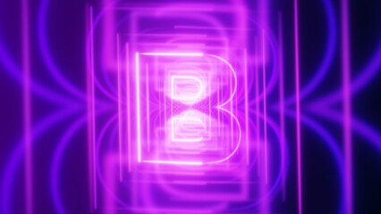 Abstract neon purple tunnel background with glowing letter B  shapes and futuristic geometric lines in infinite 3D perspective © AMBIKA