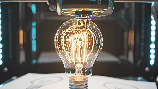 Close up low angle of a futuristic 3D printer creating a glowing digital lightbulb with binary code over a sketchbook with soft backlighting and high contrast