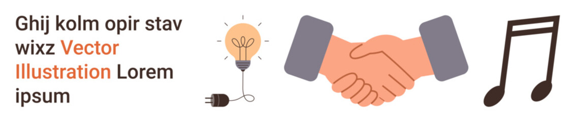 Collaboration, working partnerships, creativity, innovation, music, business agreements. A handshake alongside a lightbulb and music note symbols. Collaboration and creativity © robu_s