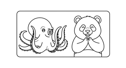 Obraz premium Adorable cartoon octopus and happy panda bear outline drawing for children's coloring activity book