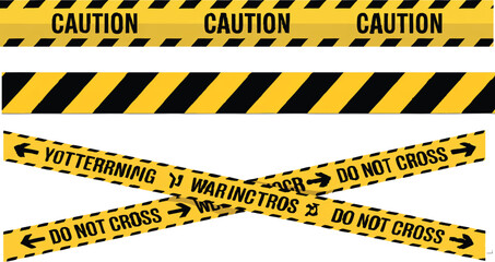 Yellow Black Caution Tape Set, Warning Hazard Stripes and Do Not Cross Safety Barrier Vector Collection