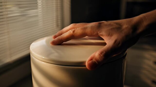 A zero waste compost bin kitchen closeup shows a hand closing the lid on a white ceramic container filled with coffee grounds and fruit scraps.