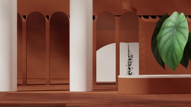 3d video rendering empty scene of white brown color podium seamless loop shadow animation with green caladium houseplant