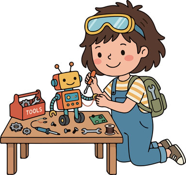 Kid robot engineer with small robot cartoon character illustration