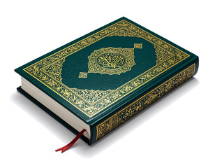 Fototapeta premium Green book with ornate gold binding, religious text, open bookmark